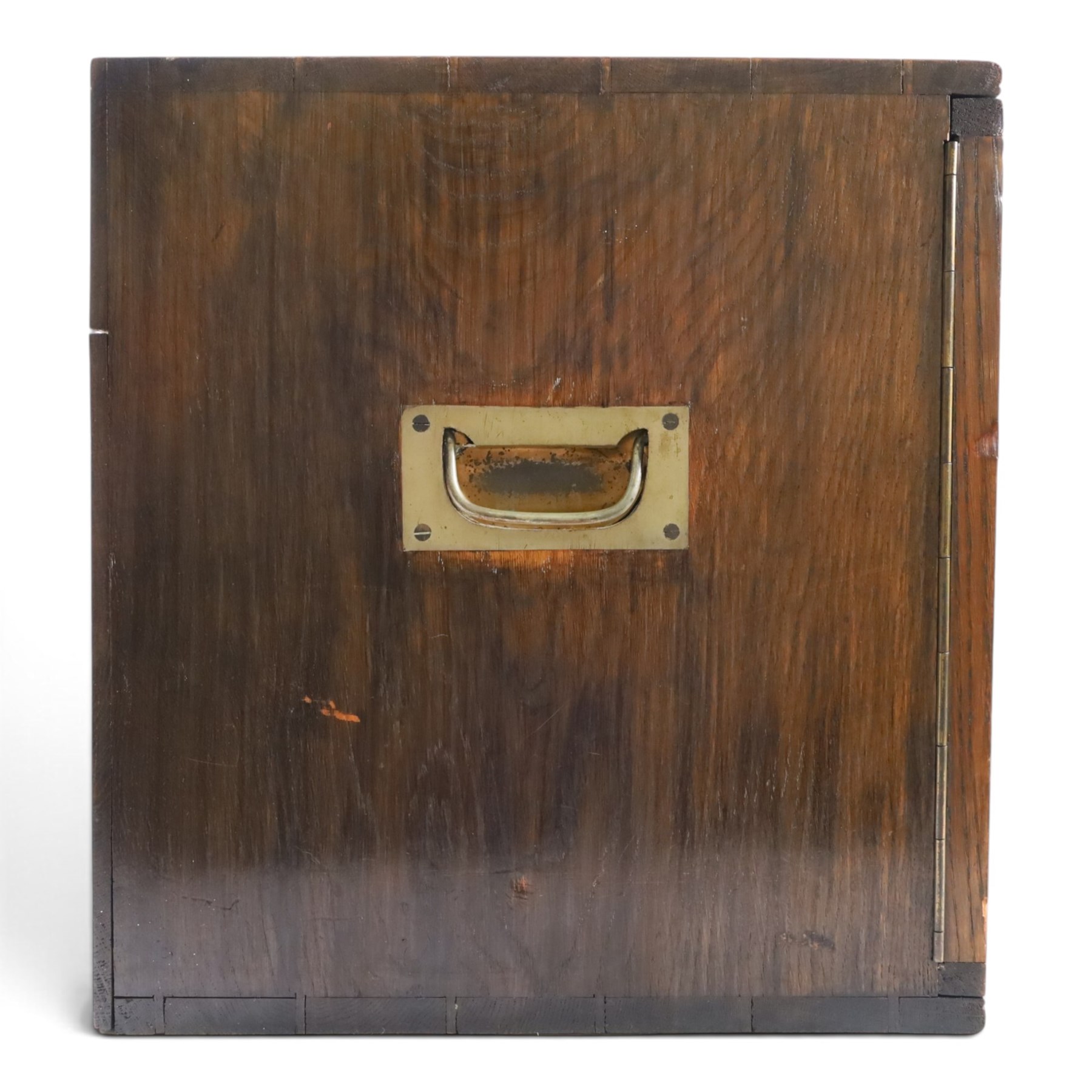 Ealy 20th century oak canteen, with five drawers behind double doors, four drawers containing a part set of silver plated Hanoverian pattern cutlery with engraved monograms and a set of twelve mother of pearl handled fruit knives and forks, the last drawer containing a collection of loose silver plated cutlery, canteen H39cm, W48cm