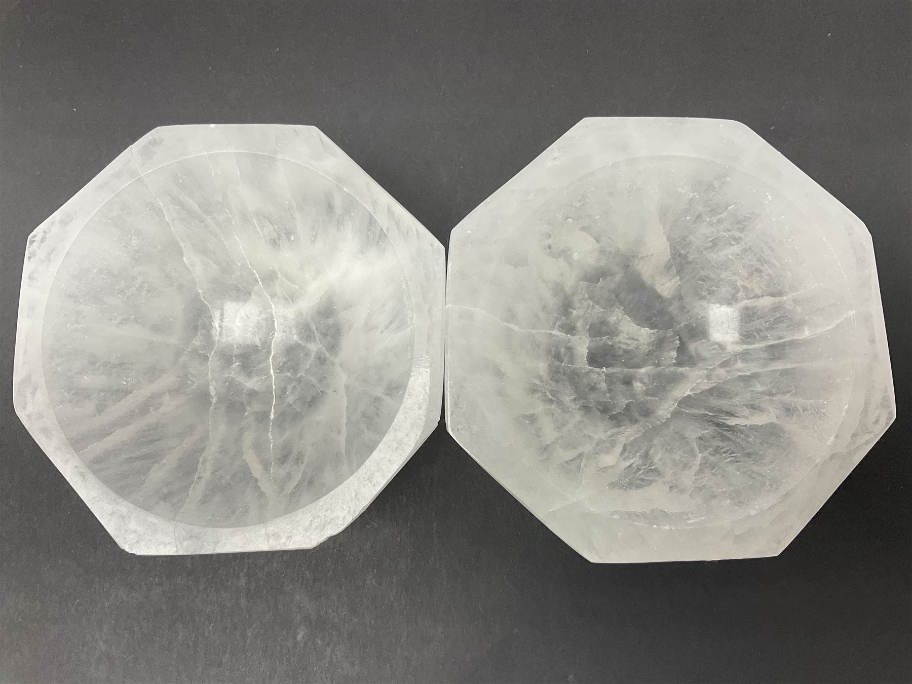 Pair of hexagonal shaped selenite crystal bowls, D10cm