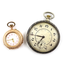  Art Deco silver and niello pocket watch by Huguenin Freres stamped 800 and a 14ct rose gold fob watch stamped 585  