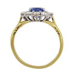 18ct gold oval Ceylon sapphire and round brilliant cut diamond cluster ring, Sheffield 1995, sapphire approx 1.40 carat, total diamond weight approx 0.55 carat