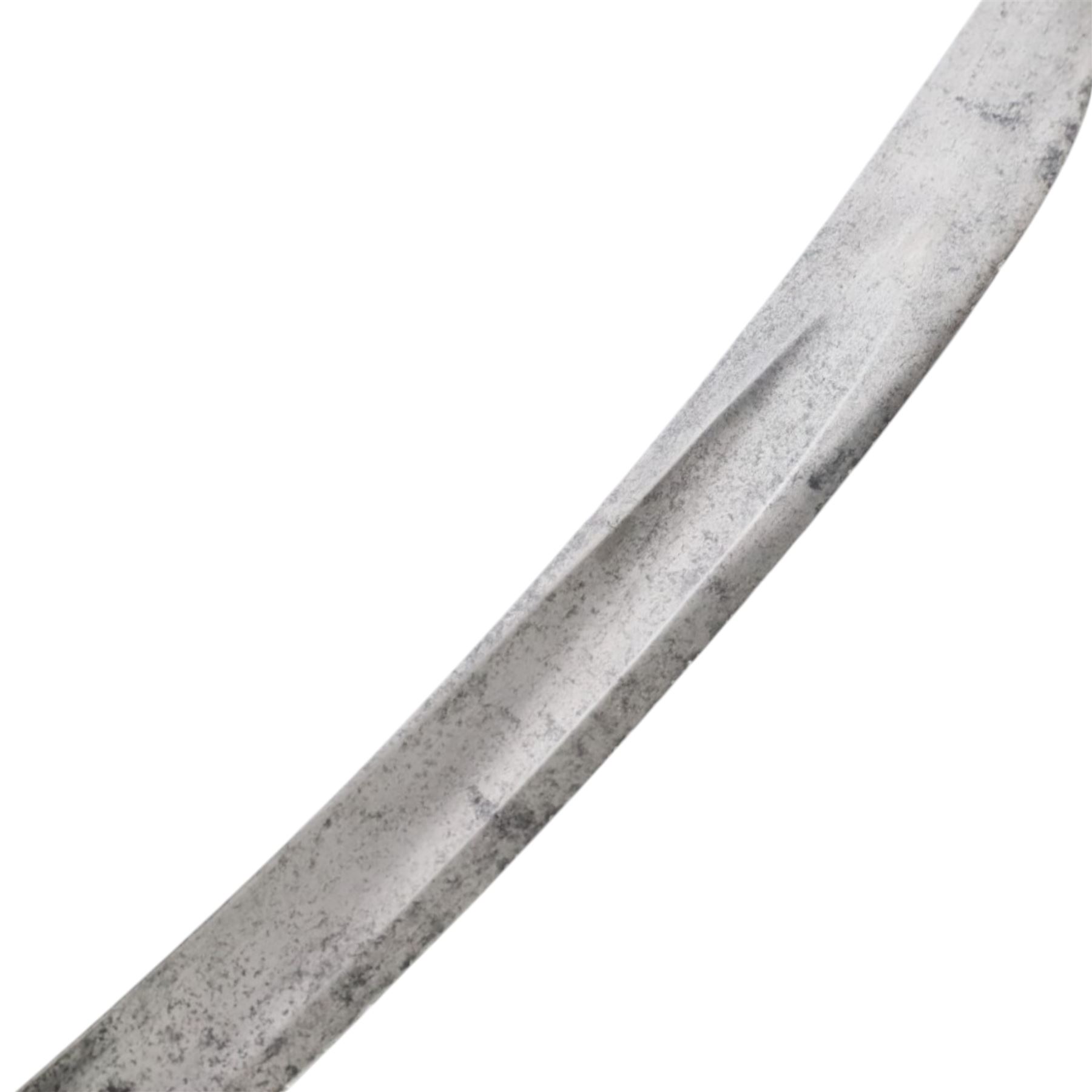 British 1796 pattern, light cavalry officers' saber, by Wooley, Deakin, Dutton of Birmingham, the 80cm single edge curved blade retaining traces of original blue and gilding which bears the coat of arms of George III and military trophies, the steel stirrup hilt with leather bound grip and original silver triple wire binding, within steel scabbard with twin suspension rings, overall L98cm  