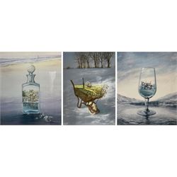Neil Simone (British 1947-): 'Port Decanter' (with a view of Whitby Abbey), 'The House of Glass' and Wheelbarrow, set three limited edition colour prints signed in pencil 30cm x 25cm (3)