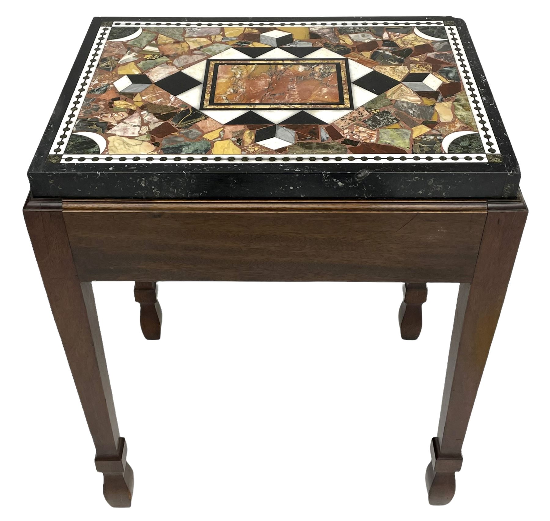 19th century marble specimen table, central rectangular plaque in black and white chequered lozenge, surrounded by fragments and cube motifs, housed within a mahogany stand with moulded top edge, square tapering supports with peg spade feet