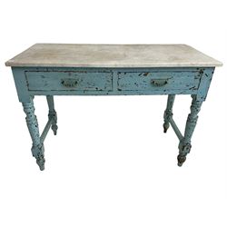 Victorian painted pine washstand with marble top (W160cm, H75cm, D49cm); together with a similar painted pine washstand, in sky blue finish (W101cm, H75cm, D49cm)