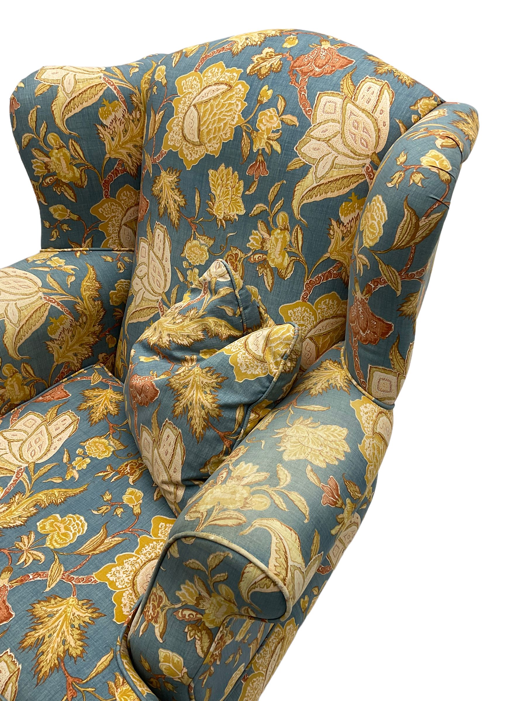 Lincoln House - two seat sofa (W170cm), wingback armchair (W94cm), and armchair (W90cm), upholstered in blue ground fabric with floral pattern