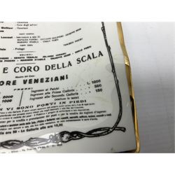 Fornasetti rectangular 'Toscanni's Concert' poster ashtray decorated with black and white text with a gilt border edge, with printed mark beneath, H22cm 