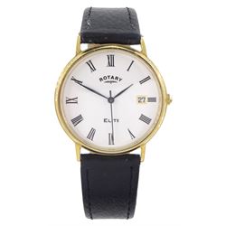 Rotary Elite gentleman's 9ct gold quartz wristwatch, white dial with date aperture, on black leather strap, boxed