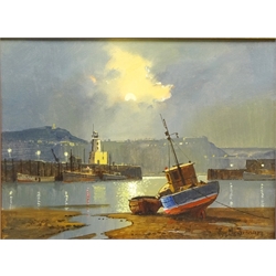  Don Micklethwaite (British 1936-): Scarborough Harbour by Moonlight, oil on board signed 29cm x 39cm  