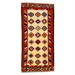 South West Persian Qashqai flatweave kilim, ivory field decorated with rows of multicolour...