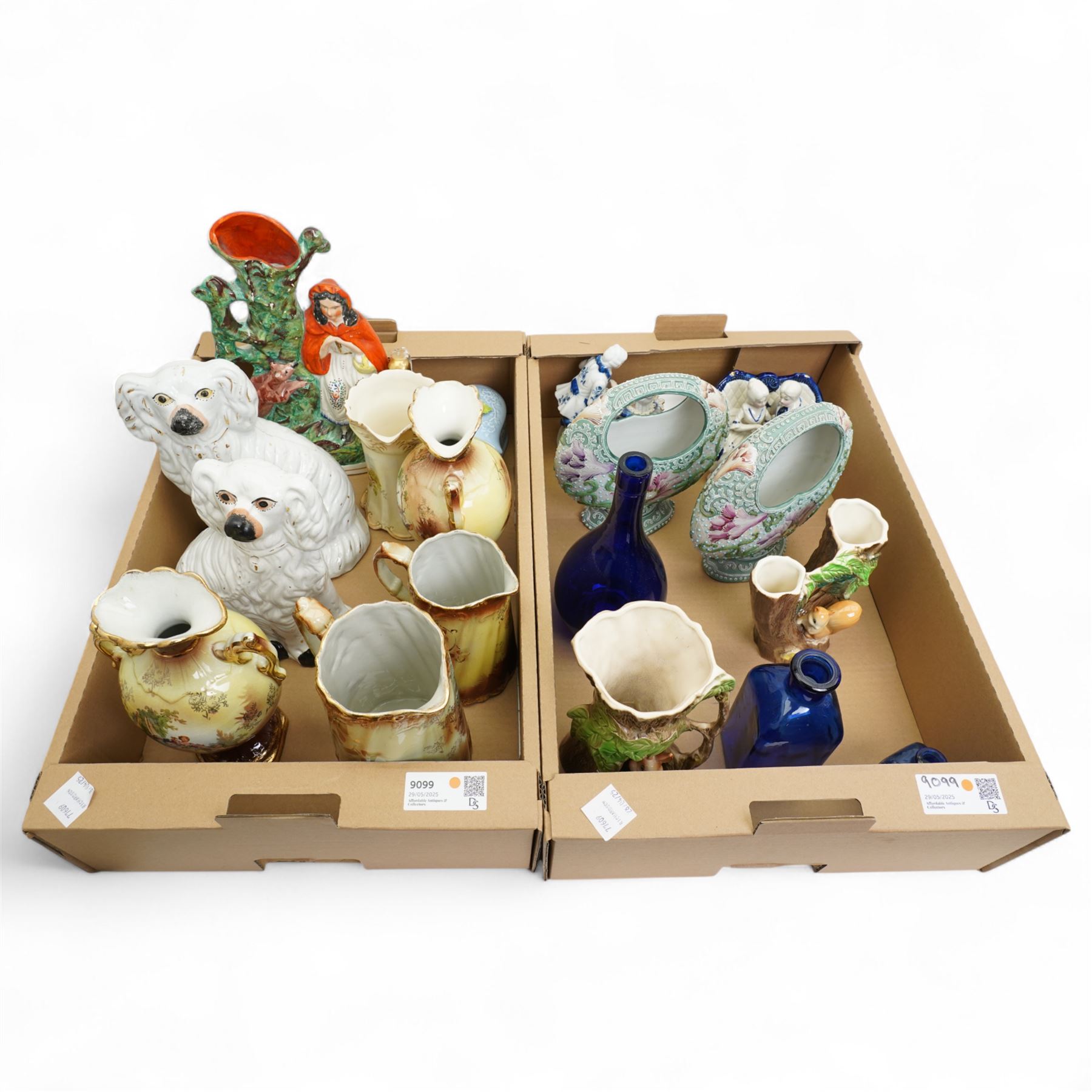 Pair of Staffordshire spaniel ornaments, Red Riding Hood spill vase, pair of Japanese vases and other items in two boxes