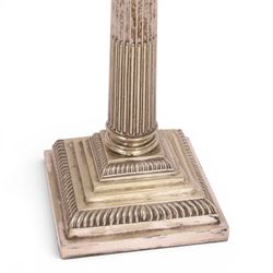Victorian silver plated Corinthian column oil lamp, raised upon a stepped base, clear glass reservoir, H54cm 