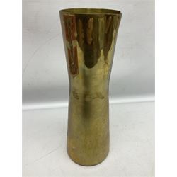 Swiss mountain hunters tobacco pipe with a horn mouthpiece, metal hinged pierced lid and brass chain, the black coated body adorned with small metal cow flowers, together with two other pipes and case, brass mounted horn, brass mounted bone box, carved mother of pearl handled knife and fork and brass jug