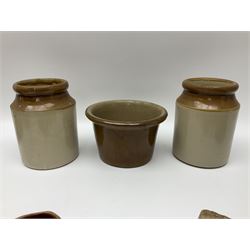 Two stone ware jars, together with stone ware bowl and a collection of bark effect planters
