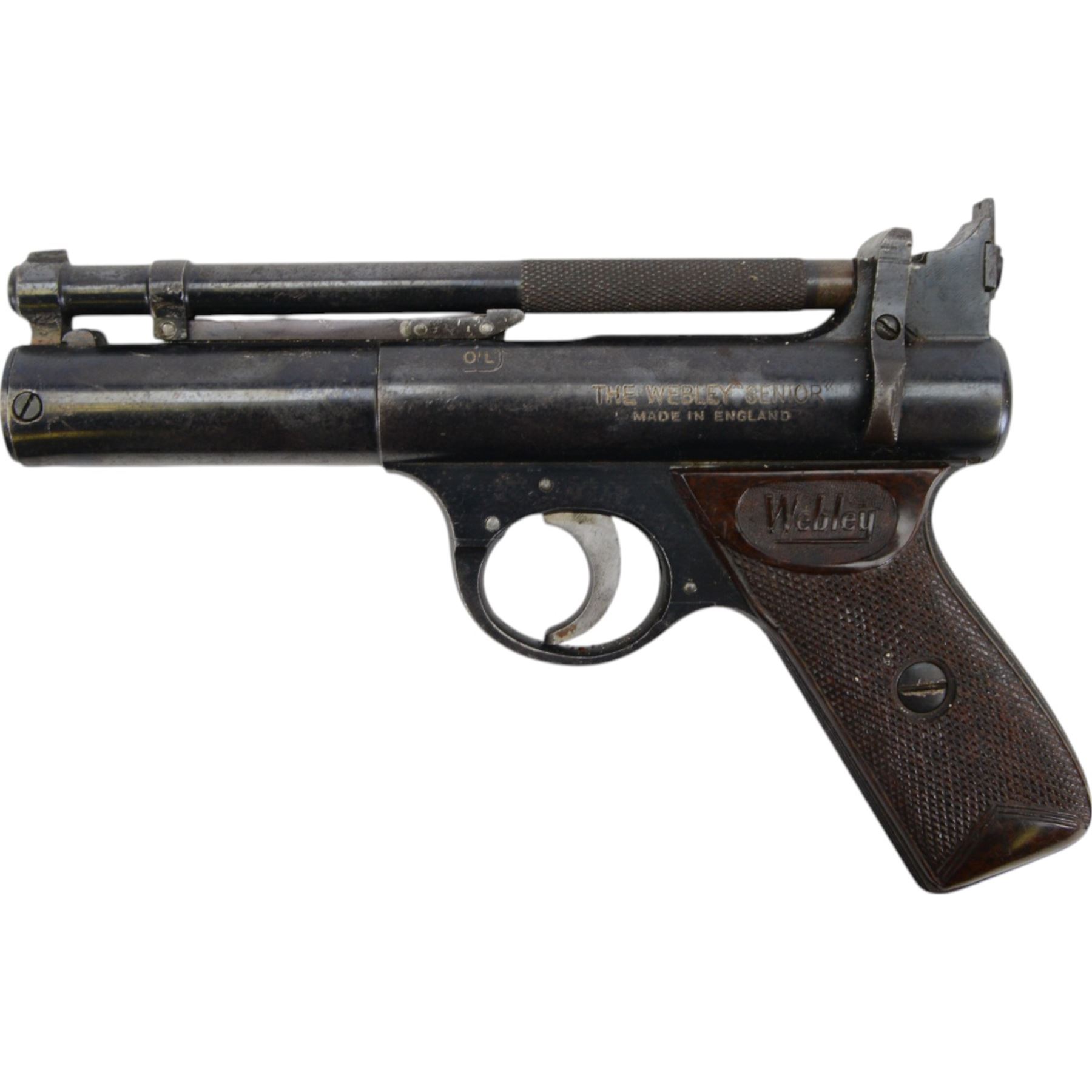 Webley Senior .22 air pistol, batch 209, the air chamber marked The Webley Senior, made in England, Webley & Scott Ltd Birmingham 4, Webley Patent, with checkered grip, H14cm, L19cm, together with book Webley Air Pistols; their history and development by Gordon Bruce 