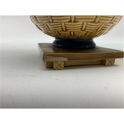 Minton majolica vase, the squat body with twin handles, with part osier moulding and applied Spring flowers against a cobalt blue ground, upon integral square base, impressed beneath Minton 1316, H16.5cm