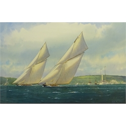  Martyn Richardson Mackrill (1961-): America's Cup - 'Navahoe and Satanita in Start Bay', watercolour signed and dated '93,  35cm x 54cm    