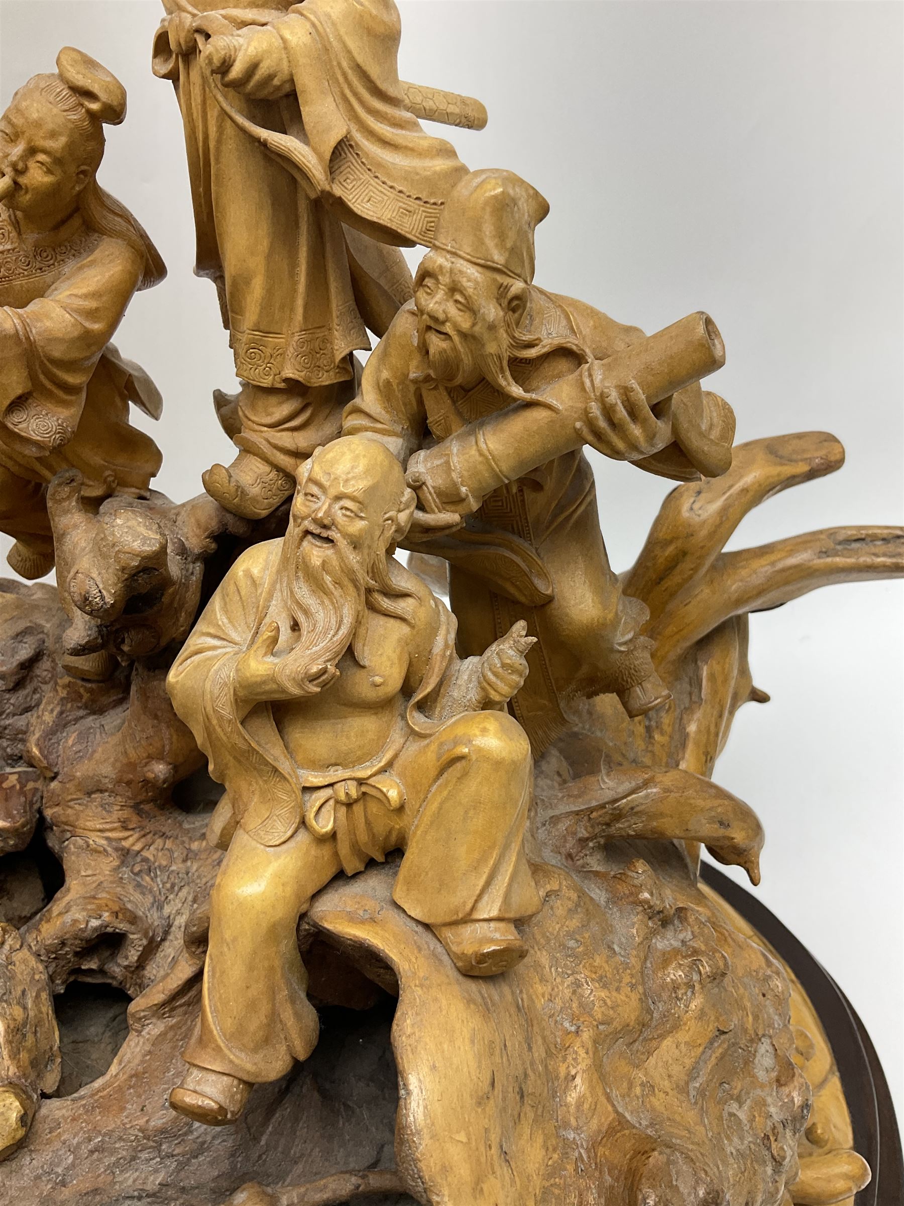 Large Chinese wood carving, depicting the eight immortals crossing the sea, H46cm, L78cm 