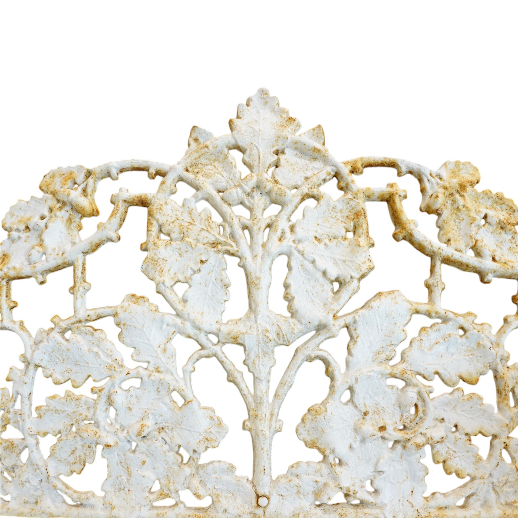 Coalbrookdale design - early 20th century cast iron oak leaf and acorn bench, white painted cast iron frame with slatted wooden seat, the pierced and shaped back decorated with scrolling oak branches and leafage, flanked by dog mask arm terminals over cabriole supports with paw feet 