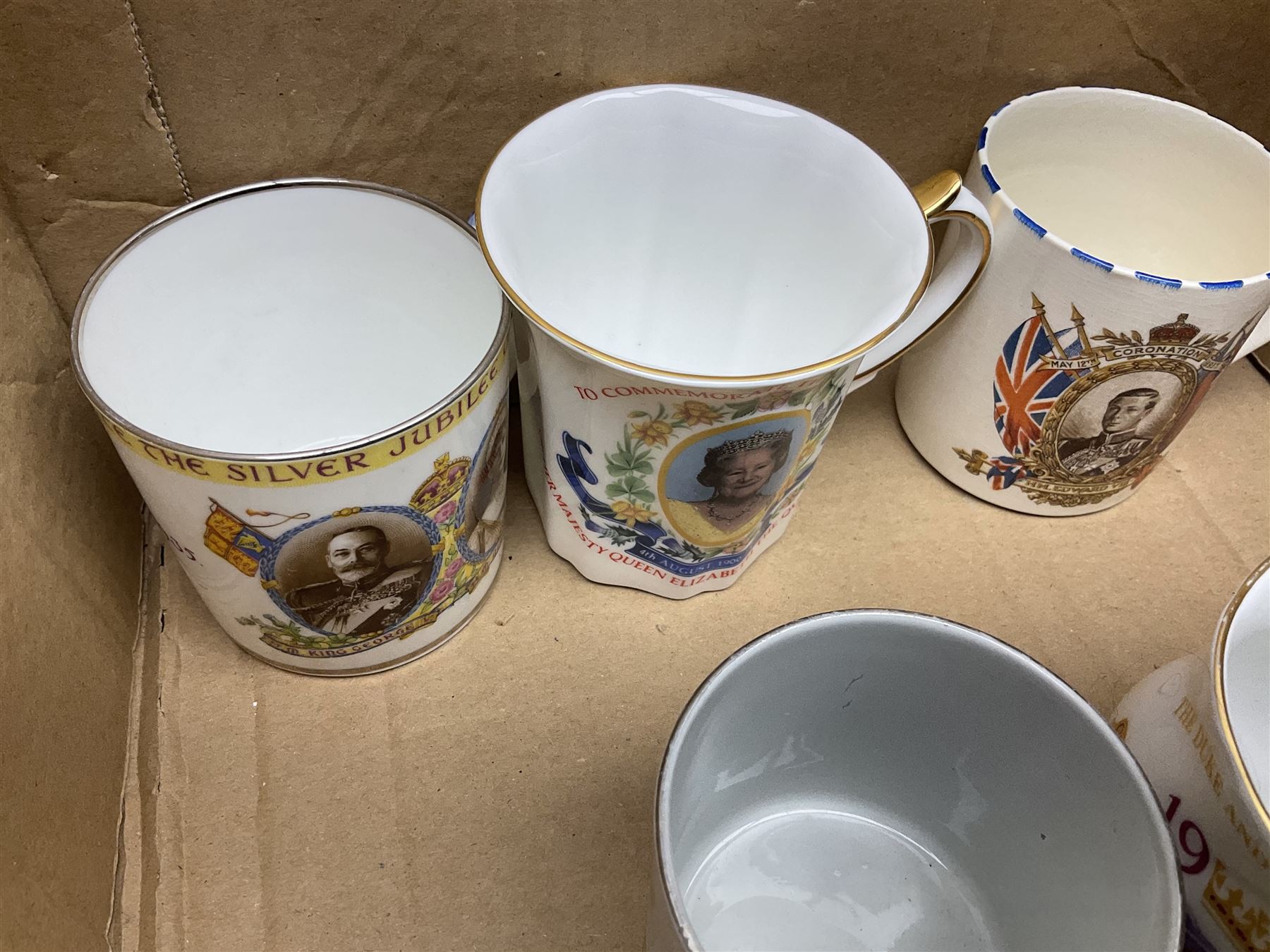 Collection of Victorian and later commemorative mugs, to include Queen Victoria 1887 Jubilee cup, Rd No. 64761, Royal Doulton Victory and Peace mug, 1919, Rd 666159, Royal Doulton King Edward VII blue transfer coronation, Royal Doulton 1937 George Coronation, Harrods Limited Rulers Of An Empire on Which The Sun Never Sets, Royal Worcester Victory in the Gulf, two Shelley examples, Spode limited edition Queen Elizabeth II Golden Jubilee etc in two boxes