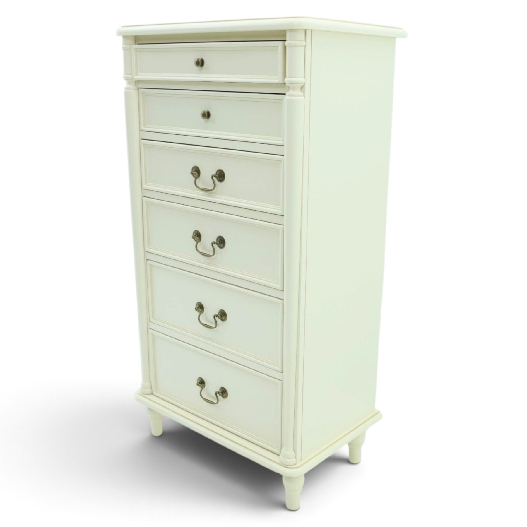 Laura Ashley - 'Clifton' tall pedestal chest, fitted with six graduating long drawers flanked by half-canted pilasters, raised on turned feet, in ivory finish