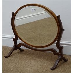  George III style inlaid mahogany oval swing table bevel edge mirror, W52cm, H47cm  
