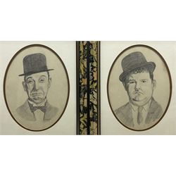 R Church (British late 20th century): Laurel and Hardy, pair oval pencil drawings signed 28cm x 21cm (2)