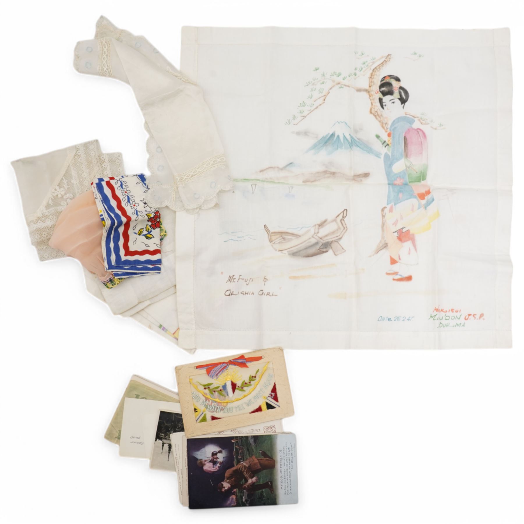 Silk square stitched with the crest of the Northumberland Fusiliers, another 'Royal Air Force' Burmese hand-painted silk handkerchief, WWI silk, postcards etc