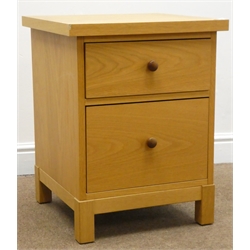  Light oak finish side board, three short three long drawers (W122cm, H76cm, D45cm) and a matching two drawer bedside chest (W47cm, H60cm, D45cm)  