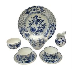 20th century Meissen blue and white Onion pattern teawares, comprising teapot with flower bud finial, jug, open sucrier, pierced plate, two cups and two saucers, plate stamped and impressed Meissen Germany, other pieces with blue cross sword mark beneath, teapot H10cm  