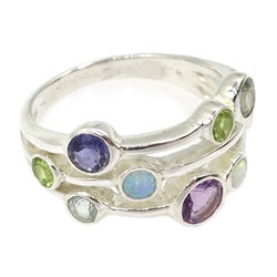 Silver opal, aquamarine, peridot, sapphire and amethyst ring, stamped 925