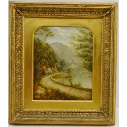 Figures on a Road by the River, 19th century oil on board unsigned 25cm x 20cm
