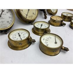 Ship's brass cased pressure gauge by Schaffer & Budenberg Ltd No.1672269 D17.5cm; and nine other ship's brass cased pressure gauges to measure various pressures, one with release valve (10)