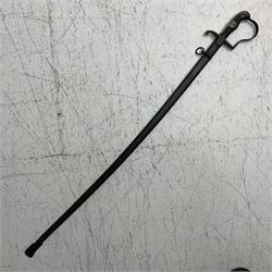 Prussian artillery officer's sword, the 92cm slightly curving fullered blade marked Eickhorn Solingen to the ricasso, iron hilt with traces of plating, D-shaped langets and curving knucklebow with wire-bound black grip; in steel scabbard with traces of black paint and single suspension ring L110cm overall