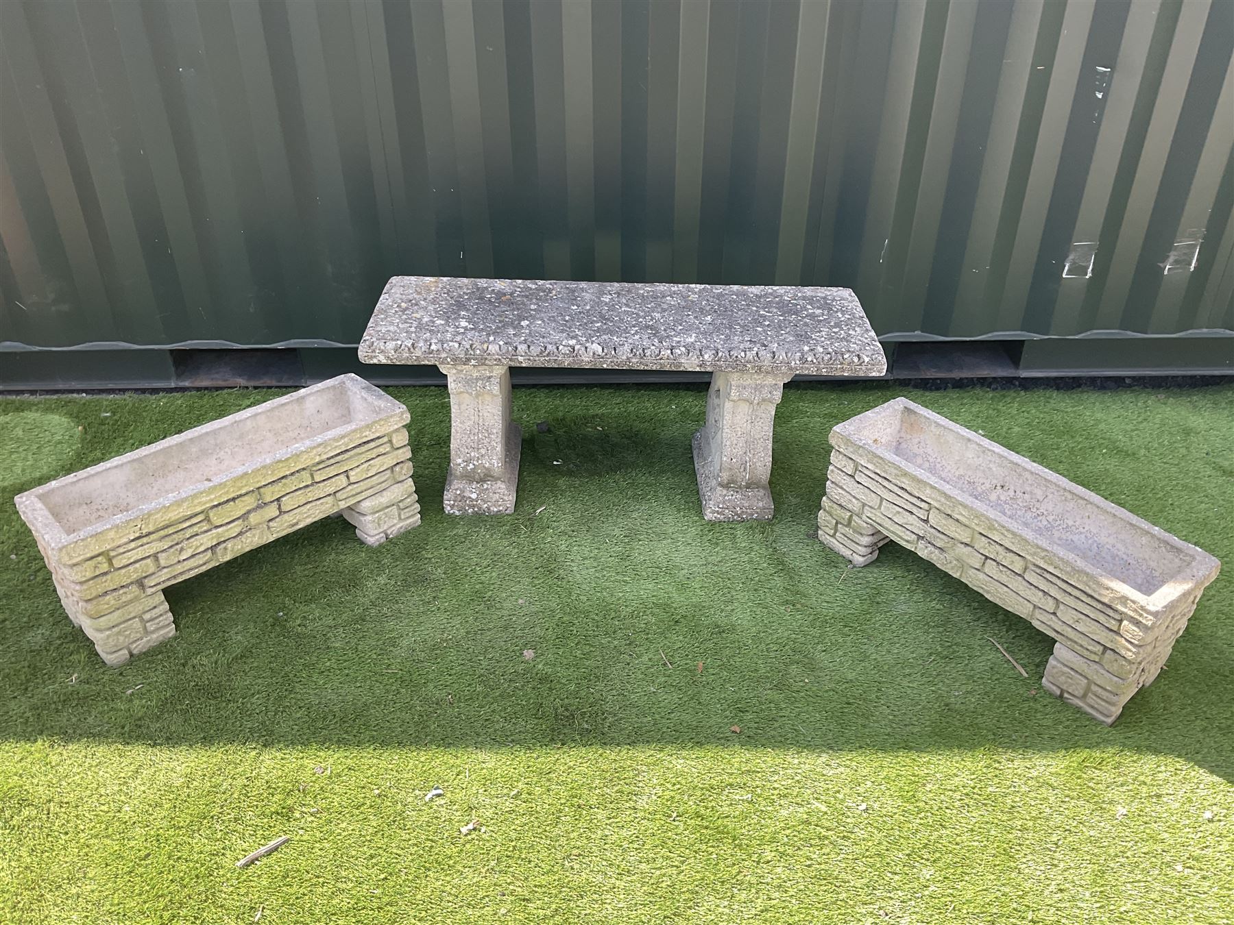 Cast stone garden bench, and two rectangular planters on plinths - THIS LOT IS TO BE COLLECTED BY APPOINTMENT FROM DUGGLEBY STORAGE, GREAT HILL, EASTFIELD, SCARBOROUGH, YO11 3TX