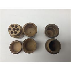 Collection of Mauchline ware relating to sewing, to include four ovoid shaped thimble cases, hinged lid thimble case and needle cases (12) 