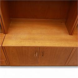 G Plan - Mid 20th century teak sectional wall cabinet, comprising six modular units including a fall front bureau, glazed display cabinet, open bookcase, cupboard and drawer bases, each with recessed handles and flush plinths