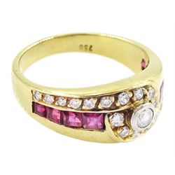 18ct gold diamond and ruby crossover ring, the principal round brilliant cut diamond of approx 0.10 carat, with graduating round brilliant cut diamond and calibre cut ruby shoulders, stamped 750