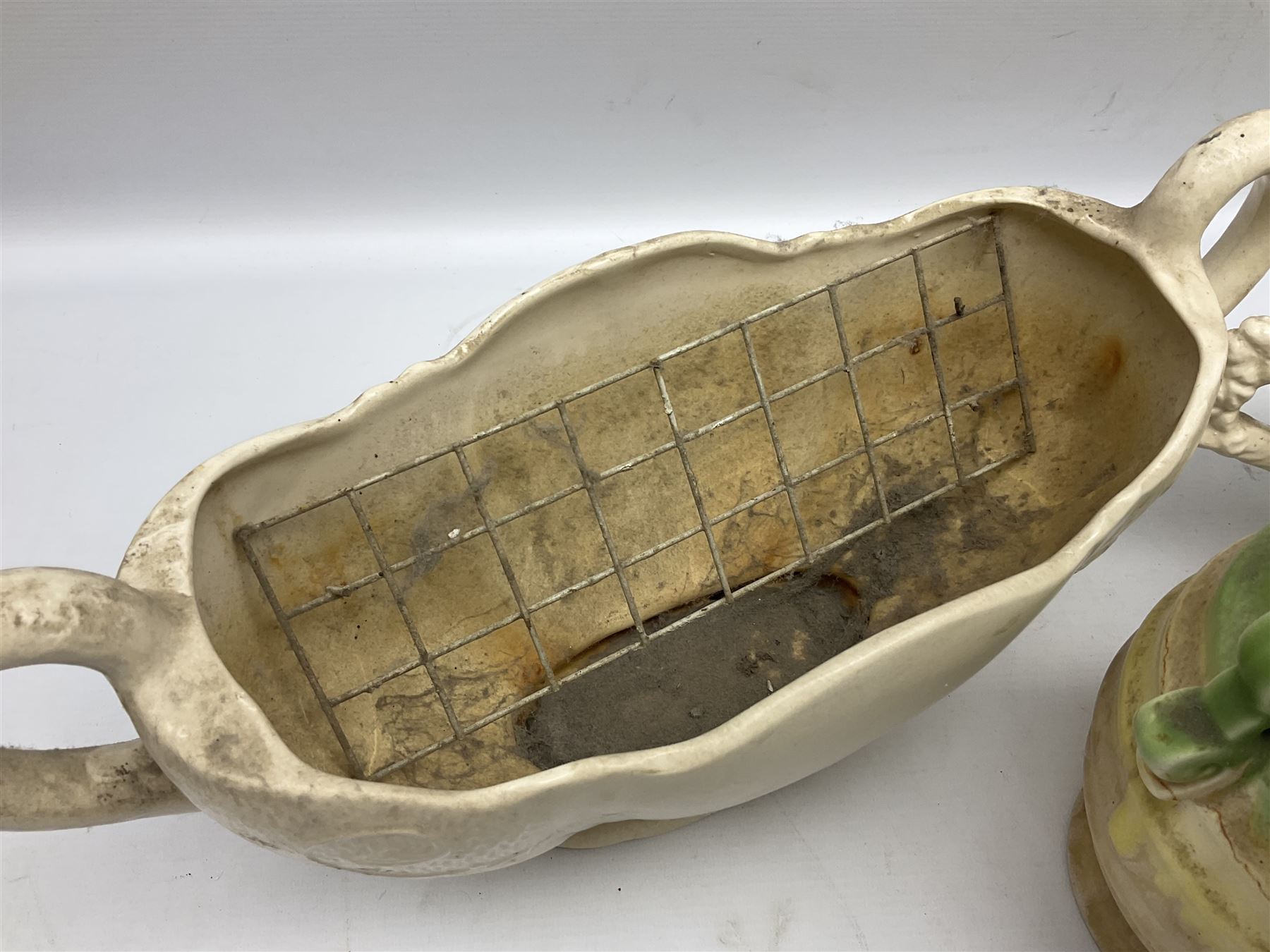 Two Arthur Wood twin handled vases to include one example in the Garden Wall pattern, together with a Beswick Ware merging green, yellow and cream vase, all with marks beneath, tallest H23cm