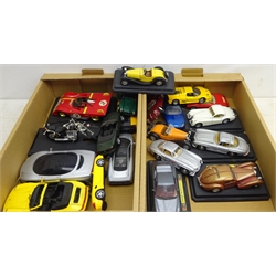  Collection of twenty large scale die-cast models by Burago, Maisto, Revell etc including Jaguar XK120 Coupe, Bugatti Atlantic, Porsche 911, Mercedes Benz 300SL, Suzuki VS1400 Intruder motorcycle etc, all unboxed, some with display bases (20)  