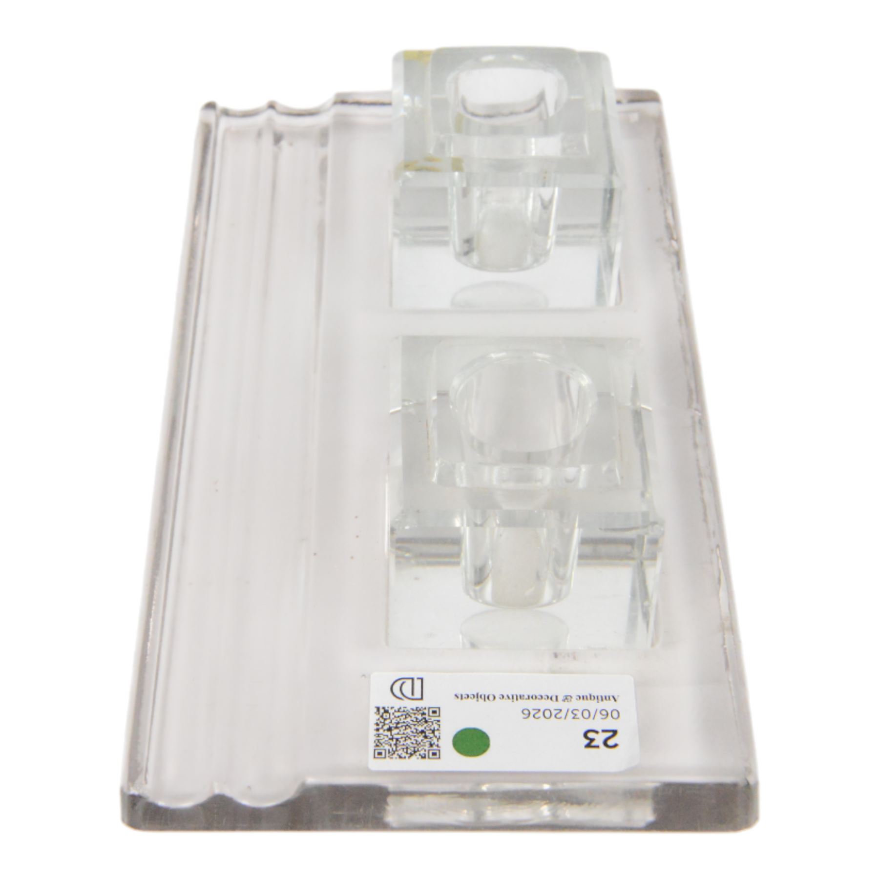 RCR lead crystal Art Deco style desk stand, with two square inkwells and two pen trays, H7cm, W28cm