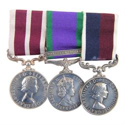 ERII RAF medal trio, Meritorious Service, Campaign Service, with Northern Island clasp, and Long Service, awarded to JJ Taylor (65082068) RAF together with AFCENT breast tab and police badges