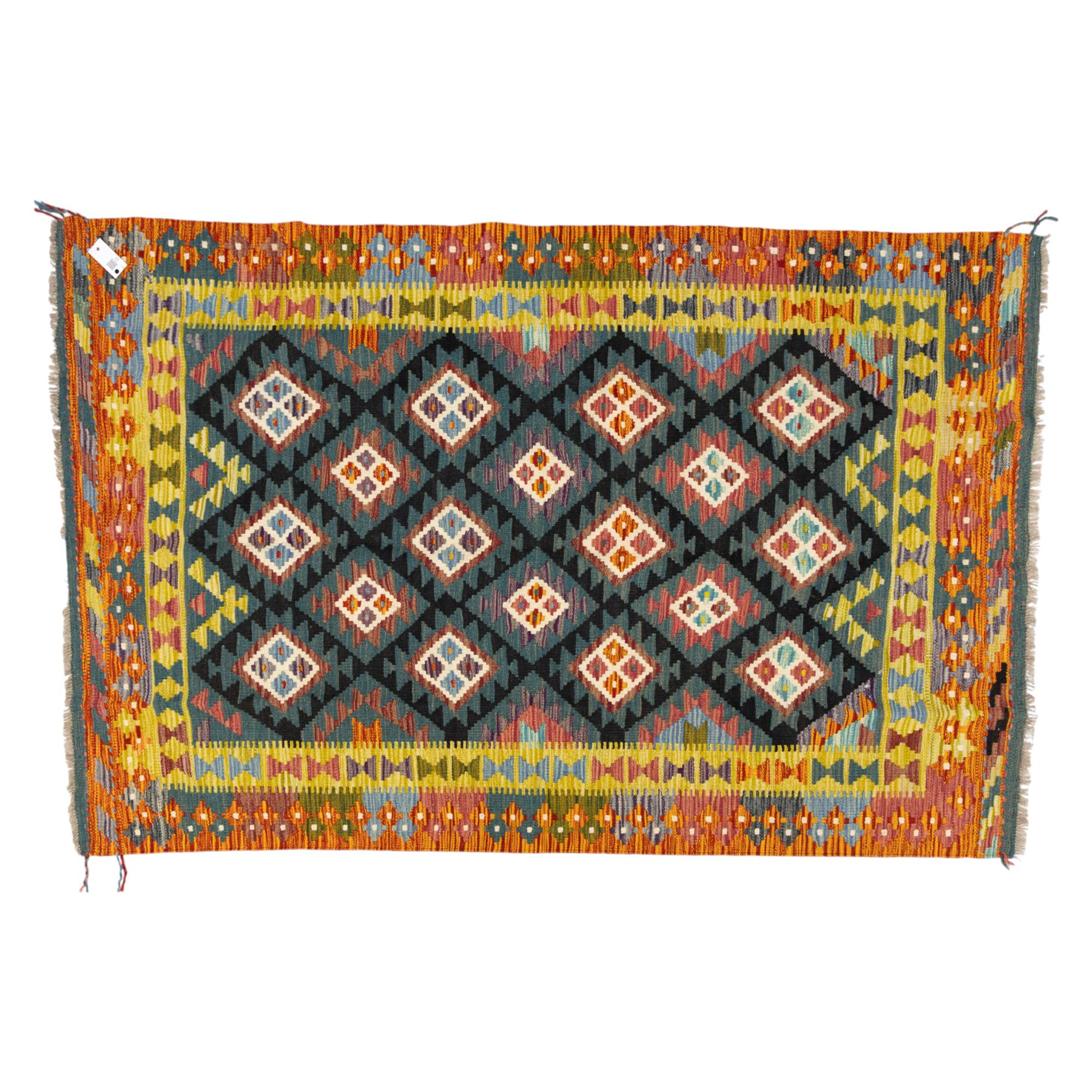 Chobi flatweave kilim with a repeating stepped diamond medallion design in live green, rust, teal, purple, and ivory, framed by chevron and geometric borders