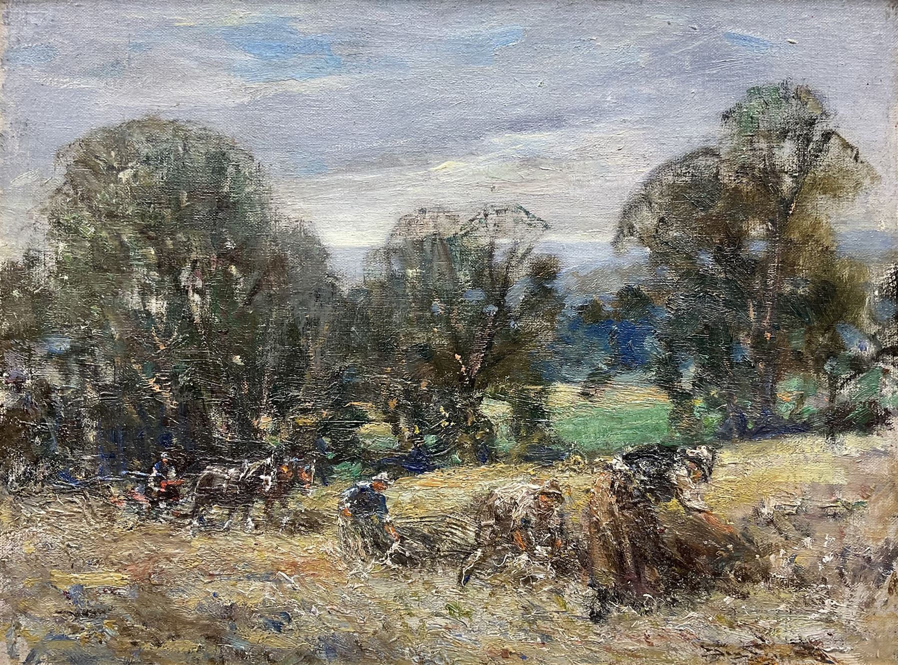 George Smith (Scottish 1870-1934): Harvesting, oil on board signed 30cm x 40cm 
Provenance: with Doig Wilson & Wheatley, Edinburgh, label verso
