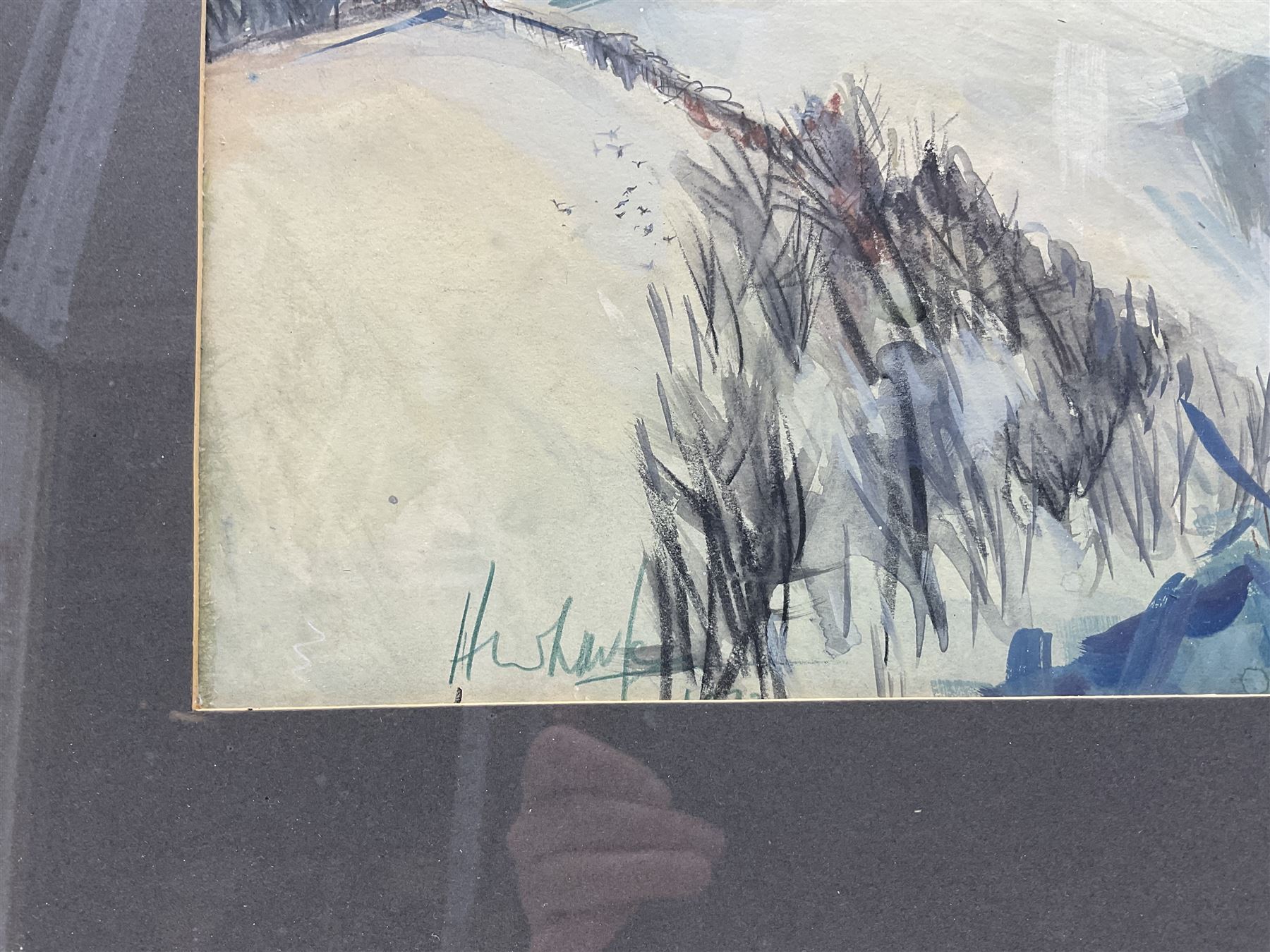 Harold Wharfe (British 20th Century): Jodrell Bank Observatory, cubist style watercolour and gouache signed 60cm x 90cm 