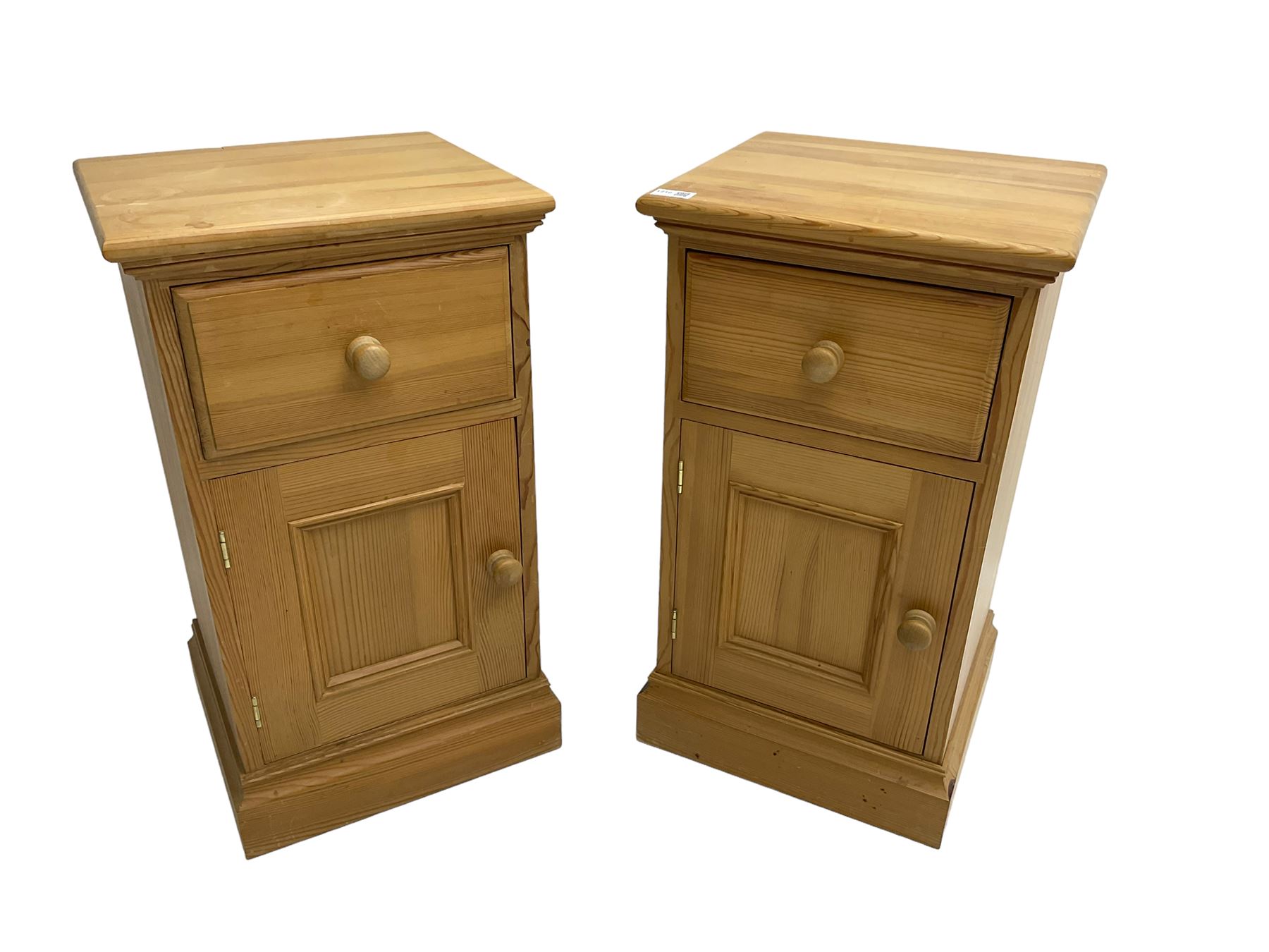 Pair traditional pine bedside cabinets, single drawer over cupboard