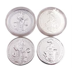 Four Queen Elizabeth II 2 ounce fine silver five pound coins, comprising 2016 'Lion of England', 2020 'White Horse of Hanover', 2020 'White Lion of Mortimer' and 2021 'White Greyhound of Richmond' 