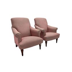 Pair traditional shaped armchairs, upholstered in red patterned fabric, on turned front supports