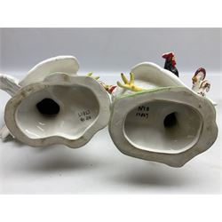 Pair of fighting cockerels from Italy together with three other ceramic cockerels, largest H30cm 