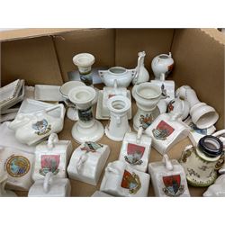 Collection of crested ware, to include Scarborough Willow Art coal truck, Whitby Willow Art Burns and Highland Mary figure group, Carlton China beer drinker 'Tak Hod an Sup Lad', and 'Here's ta me an'ma wife's usban', lighthouse, boat, Kingsway Art China Sir Walter Scott's Chair, butter dishes, candlestick, pianos etc