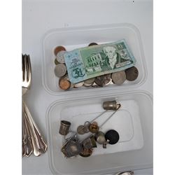 Silver plated cutlery, silver pendant, collection of coins and other collectables